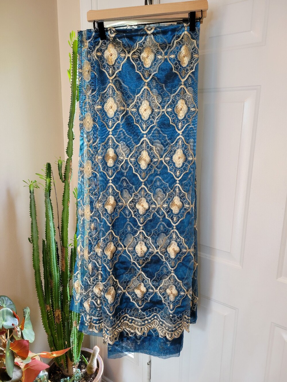 Moroccon Blue & Gold Embroidered Sheer Fabric Set Of 4 Curtain Panels 50×82